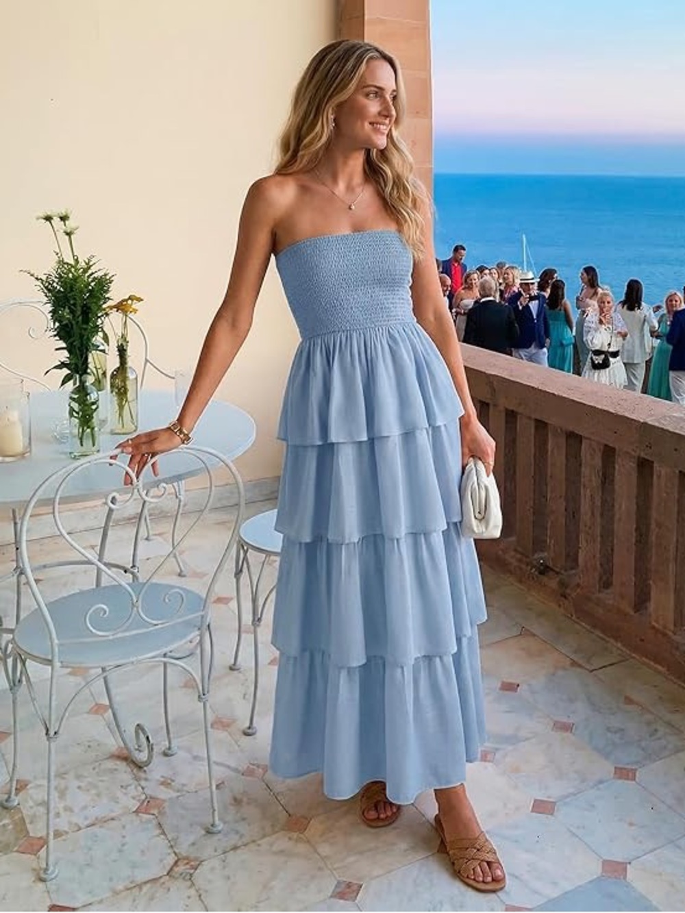Strapless Tiered Maxi Dress in Light Blue